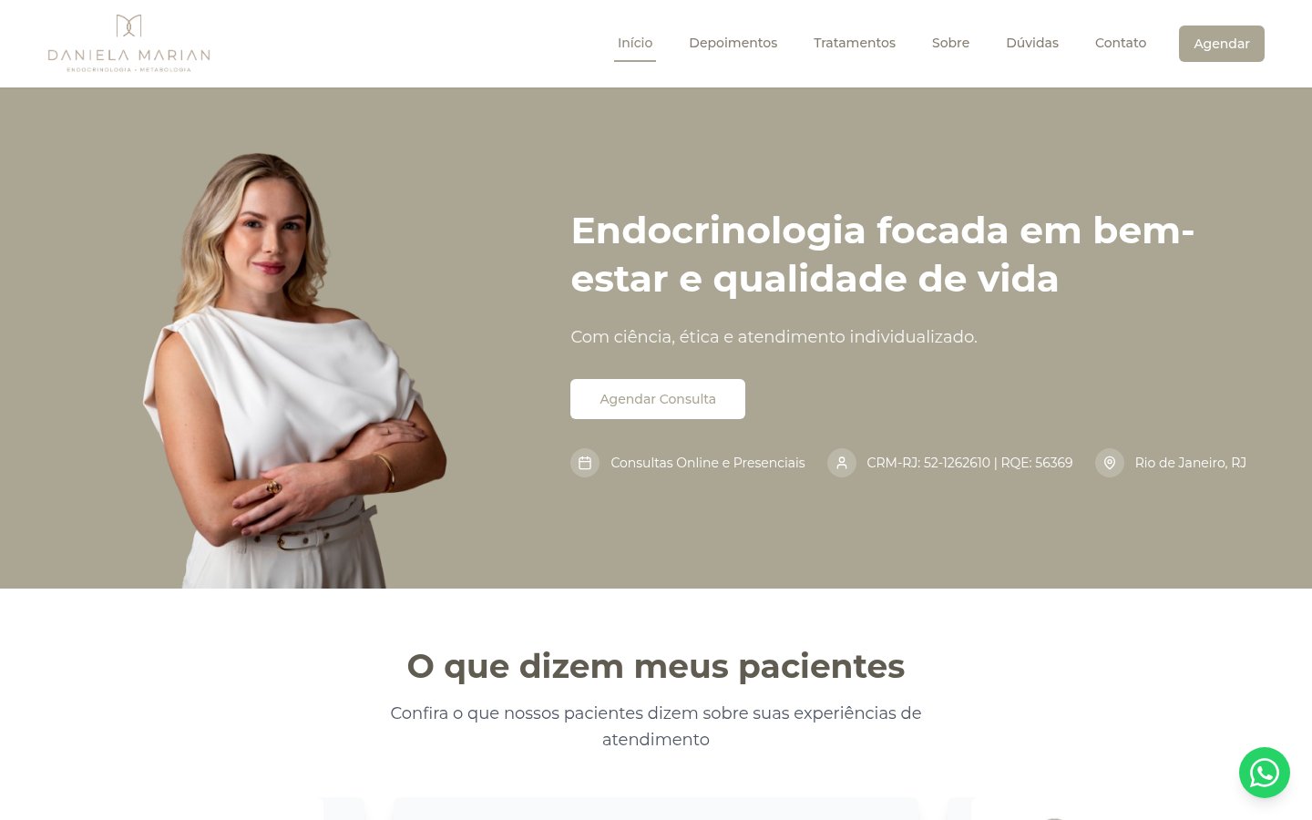 Captura da página inicial do site da endocrinologista Daniela Marian